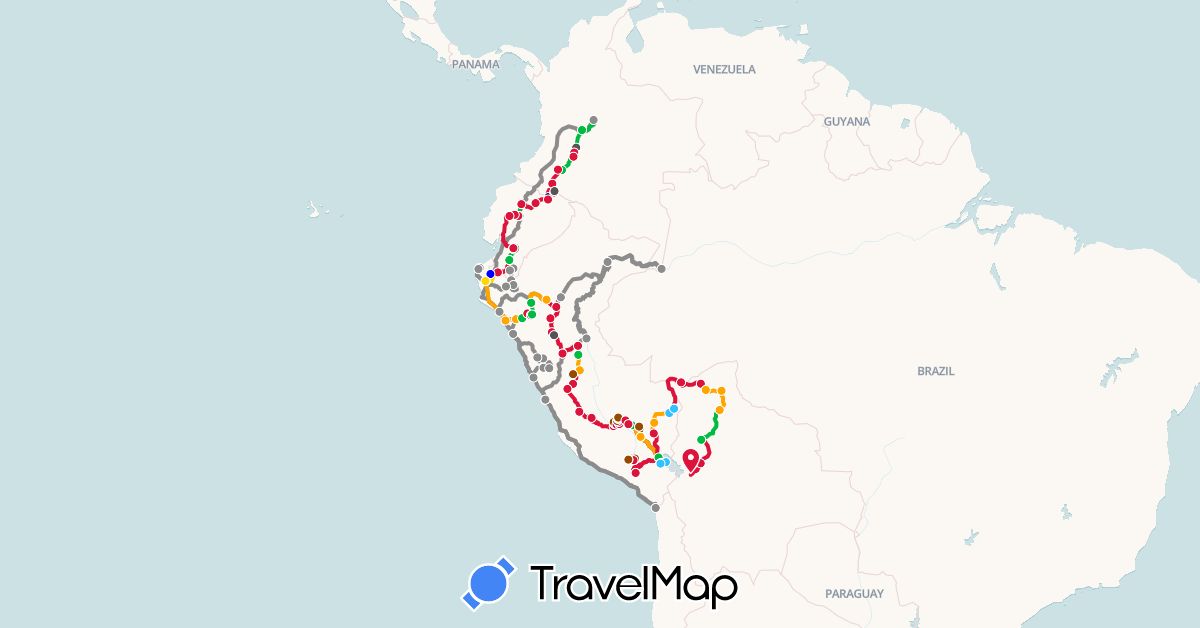 TravelMap itinerary: driving, bus, boat, motorbike, taxi, camioneta policia / voiture de police, auto-stop, camion, vélo, marche, ruta juntos 2016 / route ensemble 2016 in Bolivia, Chile, Colombia, Ecuador, Peru (South America)