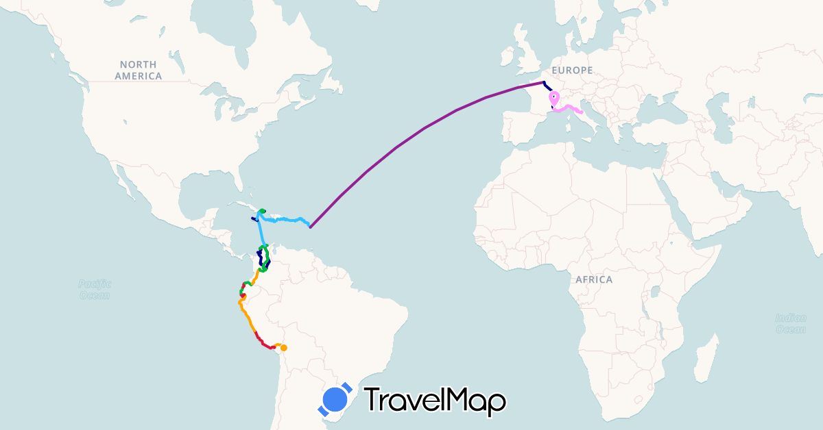 TravelMap itinerary: driving, bus, boat, taxi, auto-stop, camion, marche, avion, camping-car in Colombia, Cuba, Dominican Republic, Ecuador, France, Haiti, Italy, Jamaica, Saint Kitts and Nevis, Monaco, Peru, United States, British Virgin Islands (Europe, North America, South America)